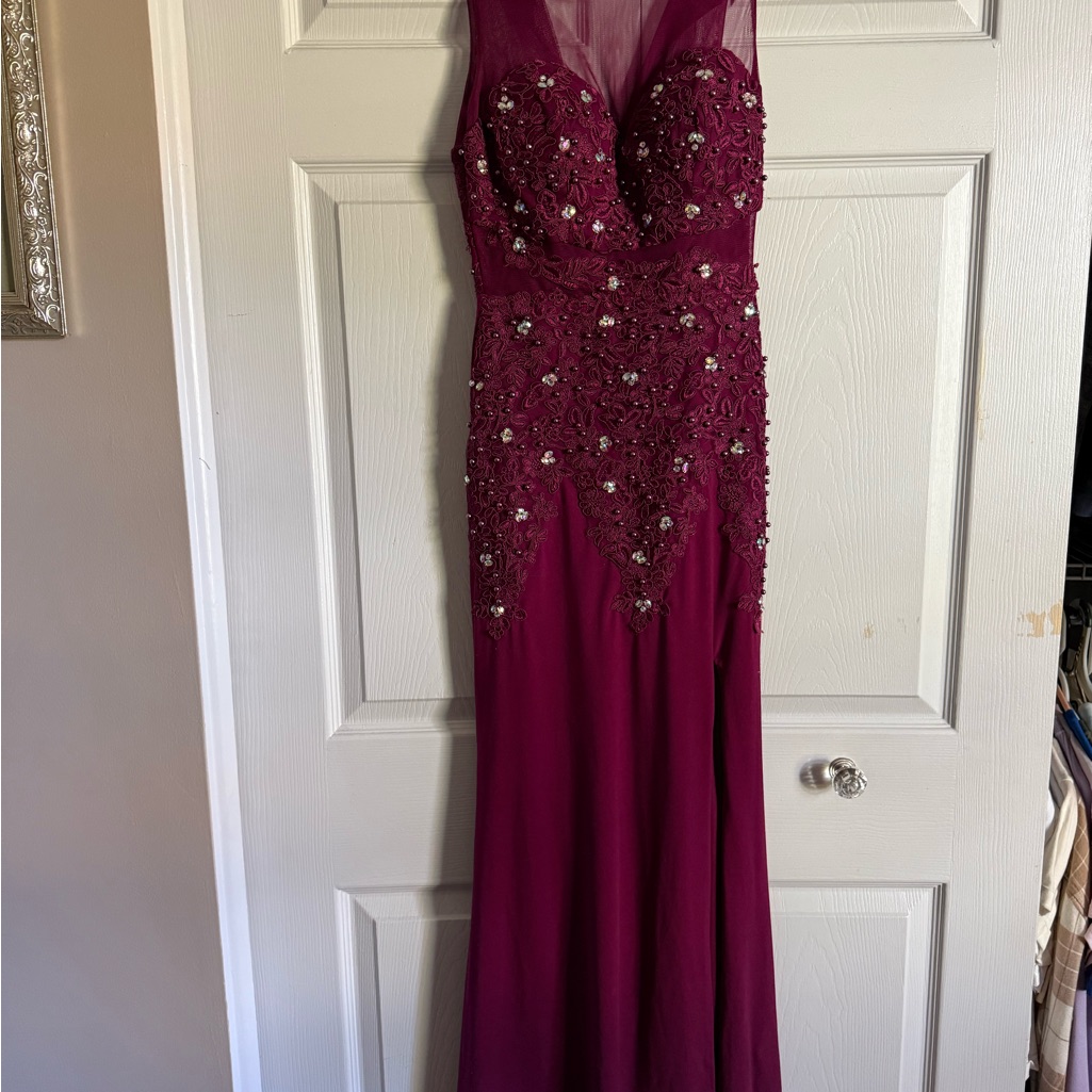 Say Yes To The Prom Dress- Burgundy Dress With Embellishments